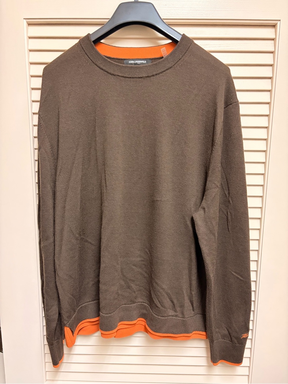 Karl Lagerfeld Paris Sweater XXL Brown Orange Trim Knit Crewneck Mens Streetwear